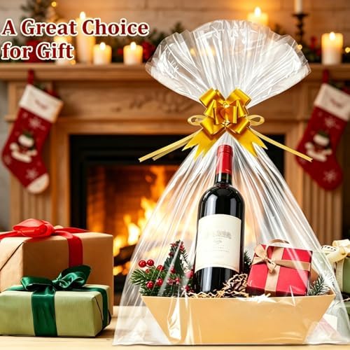 Bantna 10 PCS Empty Gift Basket Kit with 500g Crinkle Paper Filler, Gold Bows & Clear Plastic Bags, Sturdy, Easy to Assemble, Ideal for Holiday, Birthday, Wedding & All Gifting Occasions