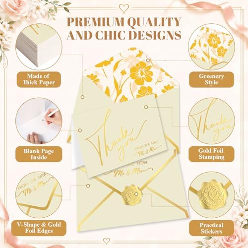 100 Pcs Wedding Thank You Cards with Envelopes Mr and Mrs Cards