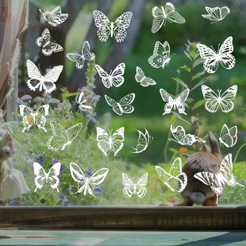 26Pcs Butterfly Static Cling Window Decals 4 Sheets White PVC Removable Reusable Glass Stickers Spring Summer for Home Window Decor Window Clings for Glass Doors Windows
