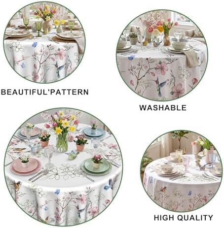 Spring Tablecloth Round 70 Inch, Spring Birds Branch Florals Decorations for Home Table Cloth Tablecloths Polyester for Picnic Party Dinner