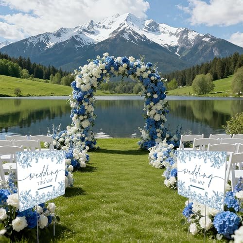 3 Pack 14.5” x 10.5” Wedding This Way Signs Double Sided Printed Wedding Direction Sign with Stakes for Ceremony Reception Lawn Yard Direction Arrow Signs Exquisite Plastic Rainproof Party Supplies,Blue Floral