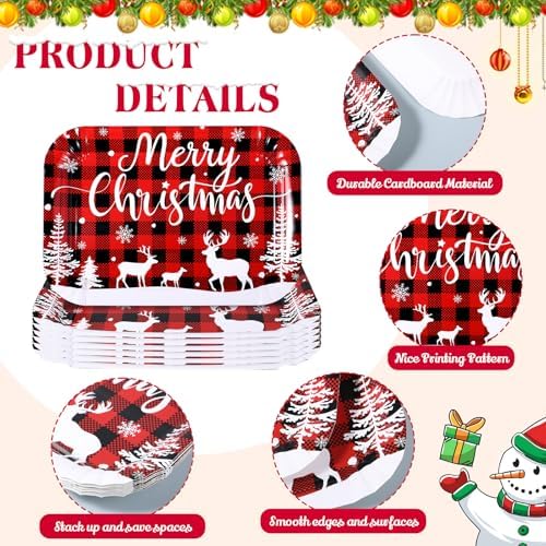 Maitys 12 Pcs Merry Christmas Serving Trays 13 x 9 Inch Large Food Trays buffalo plaid Dessert Cupcake Platters for Christmas Winter Holiday Birthday Party Supplies Table Decorations