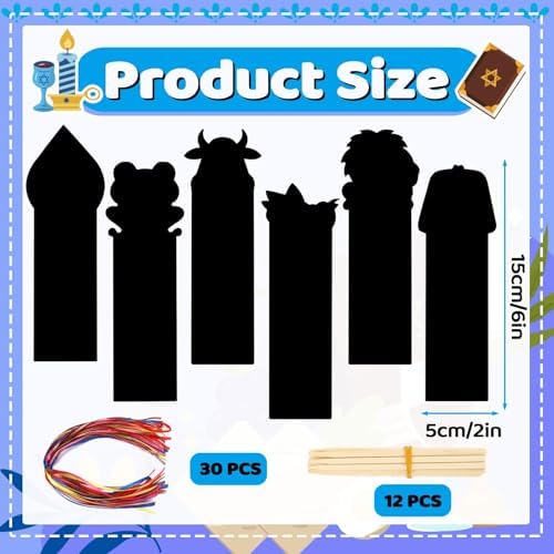 JUNEBRUSHS 30Pcs Passover Scratch Bookmarks, Rainbow Magic Scratch Paper Art Passover DIY Craft Kit for Students Classroom Activity Party Favors