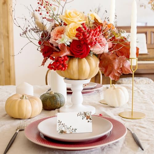 Whaline 50Pcs Fall Place Cards 2 x 3.5 Inch Watercolor Pumpkin Floral Tent Name Cards Autumn Blank Seat Assignment Labels for Thanksgiving Wedding Birthday Party Table Setting Supplies