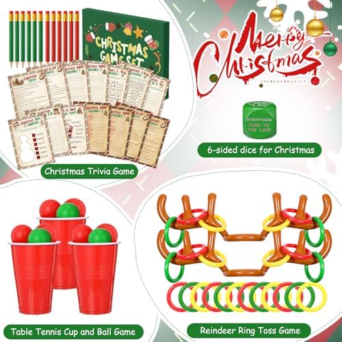 Lunmon 154 Pcs Christmas Games Set Fun Xmas Families Trivia Games Cards Inflatable Reindeer Antler Dice Ring Toss Pencils for Stocking Stuffers Gifts Holiday Birthday Party Activities Favors(Rustic)