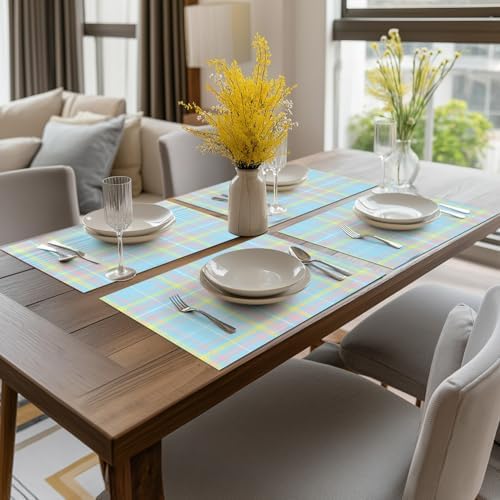 Artoid Mode Blue Striped Check Vinyl Placemats Set of 4, Heat Resistant Non-Slip Woven Plastic PVC Place Mats for Party Kitchen Dining Decor