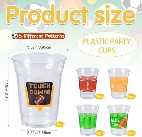 GuassLee 50 Football Party Cups 12OZ Disposable Clear Plastic Football Cups for Tailgate Football Game Sports, Watch Party, Backyard Party Decorations Supplies Favors