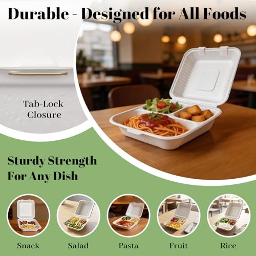 Lucklot 50 Pack 8×9 Inch 3-Compartment Compostable Bagasse Food Containers