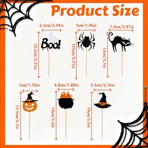 24 PCS Halloween Cupcake Toppers,Glitter Spider Witch Hat Spooky Little Boo Ghost Cat Pumpkin Cupcake Picks for Halloween Theme Baby Shower Kids Birthday Party Cake Decorations