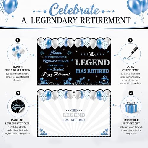WNINK Black Blue Retirement Card for Men Women, Jumbo Happy Retirement Guest Book Card with Envelope, Large Farewell Signing Card, The Legend Has Retired Party Decorations Gift