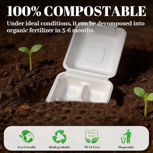 Lucklot 50 Pack 8×9 Inch 3-Compartment Compostable Bagasse Food Containers