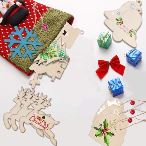 DECYOOL 50Pcs Christmas Wooden Ornaments Set, 10 Styles Plain DIY Crafts