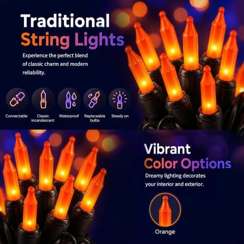 TW SHINE Orange Halloween Lights, 2 Pack 20FT 100 Count Incandescent Mini String Lights, Waterproof Halloween Decorations for Outdoor Indoor Patio Home Party Garden Yard Decor