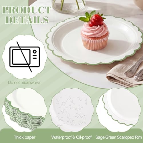 NatNarr 30 Pk Sage Green Plates 7" Scalloped Green White Dessert Cake Plate