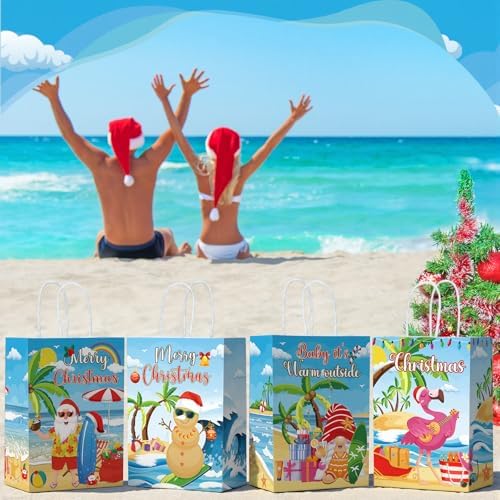 Kolldenn 48 Pcs Summer Christmas Goodie Bag with Handle Xmas Gift Paper Bag
