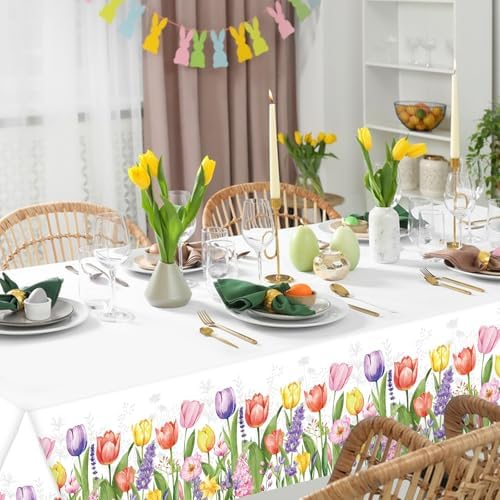 Gistome 3-Piece 54 x 108 Inch Spring Floral Plastic Tablecloth – Colorful Wildflower and Tulip Border Disposable Table Covers for Garden Parties, Baby Showers, Picnics, and Spring Celebrations