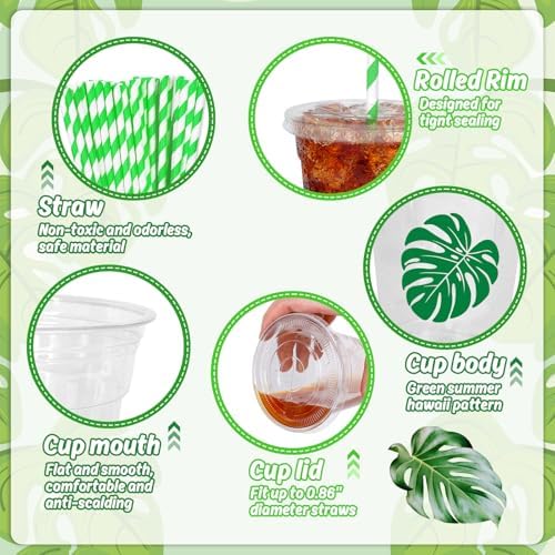 Whaline 50Pcs Tropical Palm Leaf Disposable Plastic Cups with Lids and Straws 12Oz Green Monstera Cold Beverage Drinking Cup for Summer Hawaiian Luau Birthday Party Supplies