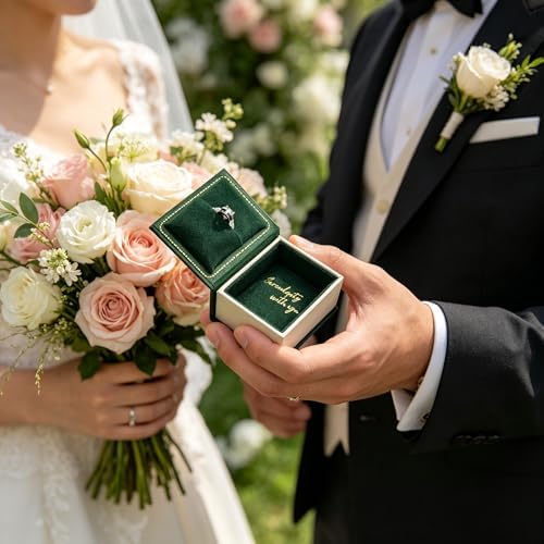 Book Shaped Ring Box - Vintage Engagement Ring Box with Hinged Lid for Proposal Engagement Wedding, Proposal Ring Case -PRB012-Dark Green