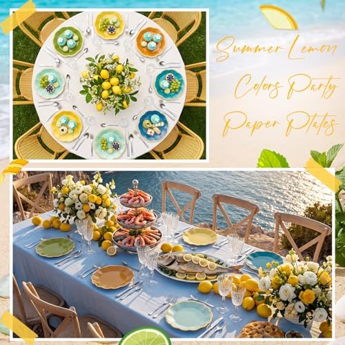 72 Pcs Summer Lemon Paper Plates 9 Inch Blue and Yellow Gradient Scalloped Paper Disposable Dinner Dessert Plates for Summer Birthday Wedding Bridal Party Supplies, 6 Colors