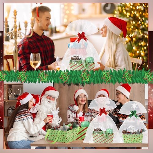Moinchore 12 Pcs Christmas Elf Basket for Gifts Empty 9.8x6.5'' Red Green Stripe Dot Gift Basket Empty to Fill with Handles, Bows, Plastic Bags and Twist Ties for Holiday Birthday Wedding Party Favor