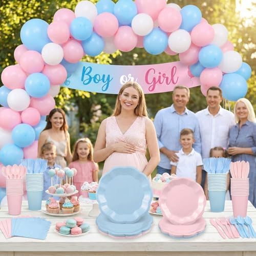 175 Pcs Baby Gender Reveal Plates and Napkins Set, 25 Guest Boy or Girl Gender Reveal Party Supplies Include Light Pink and Light Blue Plates Napkin Cup Plastic Spoon Fork Knive for Baby Shower