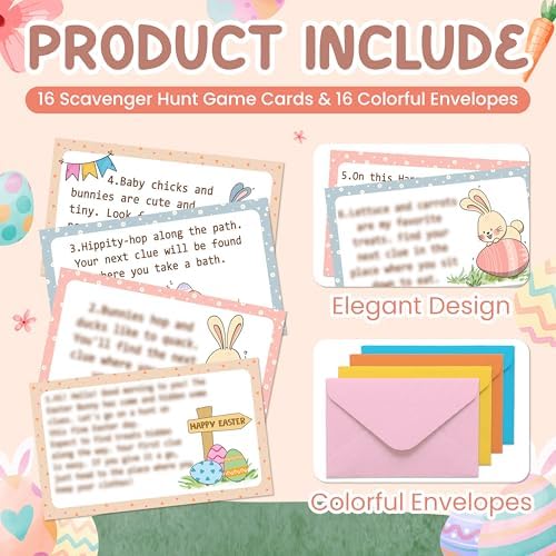 Easter Scavenger Hunt Game, Easter Bunny Treasure Hunt Clue Cards with Envelopes, Easter Egg Hunt Party Game for Adults and Family, Indoor Outdoor Activities – A02
