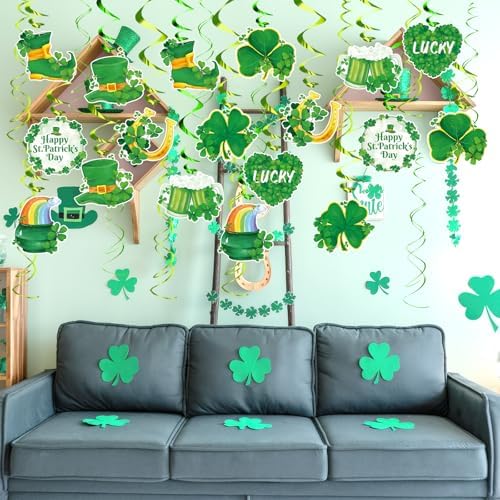 FRIDAY NIGHT 30Pcs St. Patrick's Day Hanging Decorations Irish Shamrock Foil Swirls Green Lucky Paper Cutouts Saint Patricks Day Party Decor for Ceiling Wall Irish Holiday Party Supplies