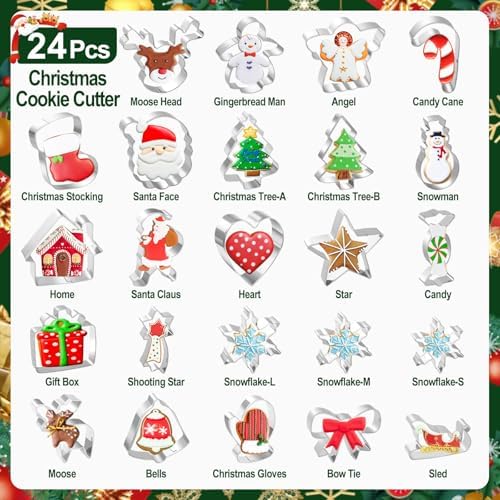 Lezmarket 24Pcs Christmas Cookie Cutters Set, Stainless Steel Metal Winter Holiday Cookie Cutter Christmas Shapes - Snowman, Christmas Tree, Gingerbread, Snowflake, Angel, Bells, Santa Claus, Candy