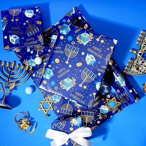 LaRibbons Hanukkah Wrapping Paper, Foil Menorah Dreidel Print