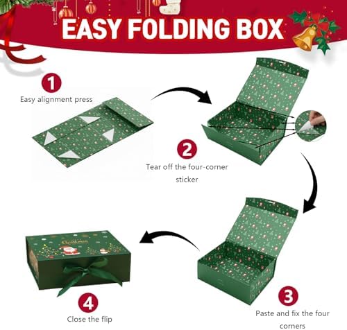 Dimore Christmas Magnetic Gift Boxes with Lids, Collapsible Hardboard Gift Packaging, Red & Green Holiday Boxes for Presents, 4 Pack (Multiple Sizes) (4Pack Christmas 11.5" x 8.7" x 4")