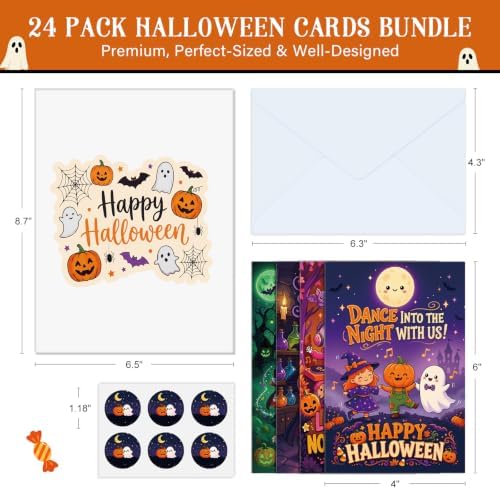 FLYAB 24 Pack Boxed Halloween Cards for Kids with Envelopes & Stickers