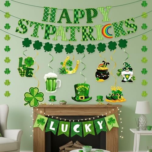 64Pcs St Patricks Day Decorations Kit Shamrock Lucky Banner Garlands Clover Hanging Swirls Irish Decor for Home Saint Patrick Party Table Supplies