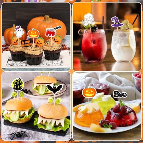 NEBURORA 64 Pcs Halloween Cupcake Toppers Pumpkin Bat Ghost Boo Cake Picks