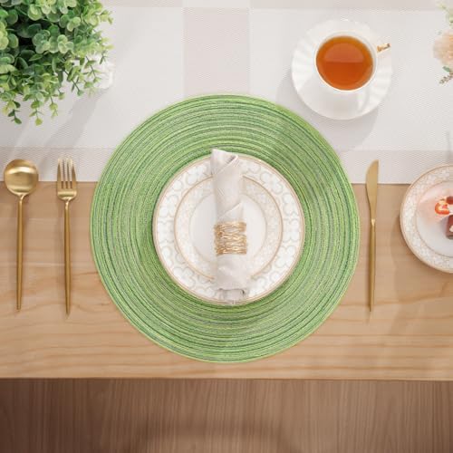SHACOS Round Placemats Set of 8 Washable 15 inch Round Table Mats Braided Non Slip Fabric Place Mats for Dining Table Indoor Outdoor (Mixed Color Pea Green, 8)