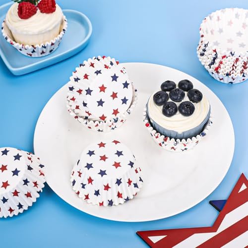 JarThenaAMCS 300Pcs Patriotic July 4th Cupcake Liners Red Blue Stars Paper Baking Cups Independence Day Standard Muffin Cupcake Wrappers for 250th Anniversary Memorial Day Party Supplies Table Decor