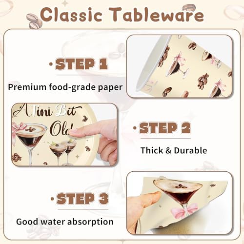 140 Pcs a Tini Bit Older Birthday Party Supplies Bow Decorations Espresso Martini Paper Plates Napkins Cups Knives Forks and Spoons ，Dinnerware for Birthday Wedding Decoration Serves 20