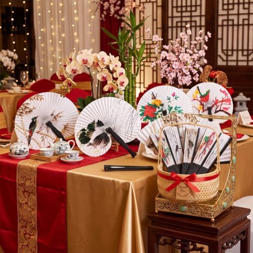 24 Pack Asian Folding Fans, Assorted Paper Hand Fans Foldable for Parties, Weddings, Events & Favors | Bulk Handheld Folding Hand Fans with Decorative Designs