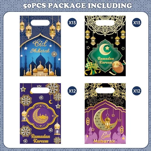 50 Pcs Ramadan Gift Bags with Handles - Eid Mubarak Goodie Bag, Ramadan Kareem Plastic Goody Candy Cookie Snack Treat Party Favor Bags Bulk for Islamic Muslim Eid Mubarak Party Supplies Favors,4 Style