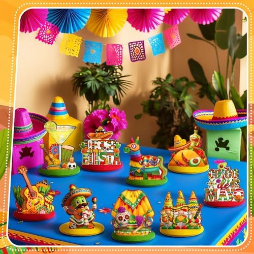 Wesiti 12 Pcs Cinco De Mayo Table Decorations Mexican Fiesta Party Decorations Wooden Cinco De Mayo Centerpiece Signs Taco Maracas Guitar Sombreros Table Topper Tiered Tray Decor for Home Office