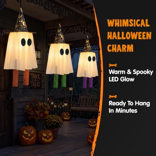 JOYIN 23.6'' 3Pcs Halloween Hanging Ghosts Decorations Outdoor, Warm Light Up Ghosts with Witch Hat & Timer, Flying Halloween Decorations for Yard Porch Lawn Party Supplies Tree Decor