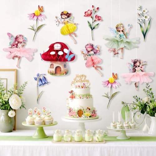 Fairy Mushroom House Party Decoration Set Honeycomb Paper Table Top Decoration Party Flower Fairy Theme for Kids Birthday Party