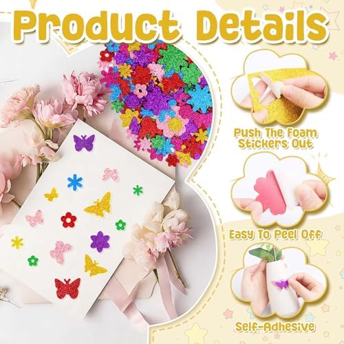 Foam Stickers,448 PCS 3D Glitter Foam Flower and Butterfly Stickers,7Colors