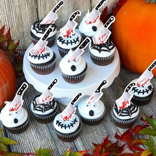 64 PCS Edible Halloween Blood Knife Cupcake Toppers Wafer Paper Horror Blood Knife Cupcake Picks Edible Have a Killer Birthday Cake Decorations for Halloween Theme Killer Birthday Party Supplies