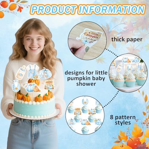 Little Pumpkin Cupcake Toppers, 24 Pcs Little Pumpkin Baby Shower Decorations Kids Birthday Party Supplies
