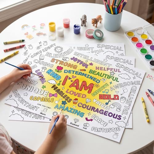45pcs Positive Affirmations Disposable Coloring Placemats Motivational Crafts for Kids Classroom Mindfulness Activity Coloring Poster Empowering Party Supplies Paper Table Mats