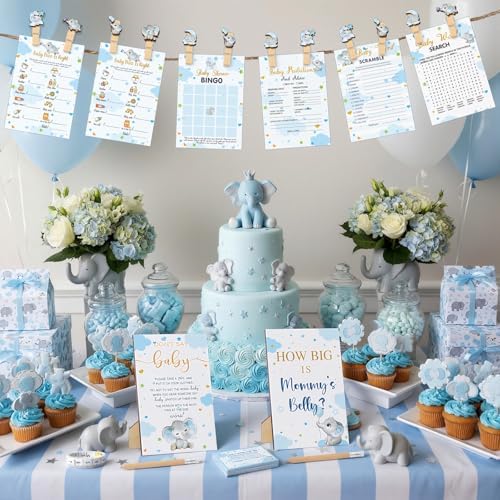 Funnymoom 426 Pcs Blue Elephant Baby Shower Games Set, 8 Activities