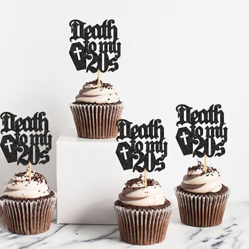 24Pcs Black Death to My 20s Cupcake Toppers Death to My Twenties Cupcake Picks for Gothic 30th Birthday Funeral 30th Birthday Anniversary Cupcake Decorations Rip to My Youth Emo Party Decorations