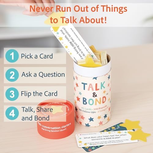 TALK & BOND Family Conversation Starter for Kids Ages 3–6 | 300 Questions + 180 Follow-Ups | Screen-Free Social Emotional Learning (SEL) Game for Family Dinner, Bedtime & Travel