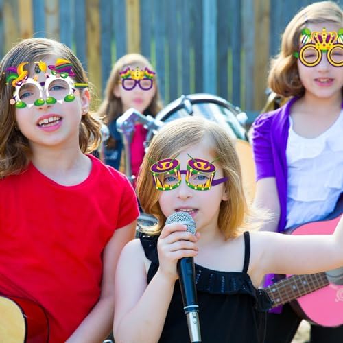 Threan 48 Pcs Mardi Gras Paper Eyeglasses Party Decor Garland Crown Mask Costume Photo Booth for New Orleans Favor Decor