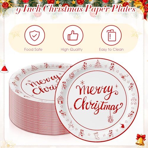 Uiifan 100 Pcs 9 Inch Merry Christmas Paper Plates, Red White Holiday Decor